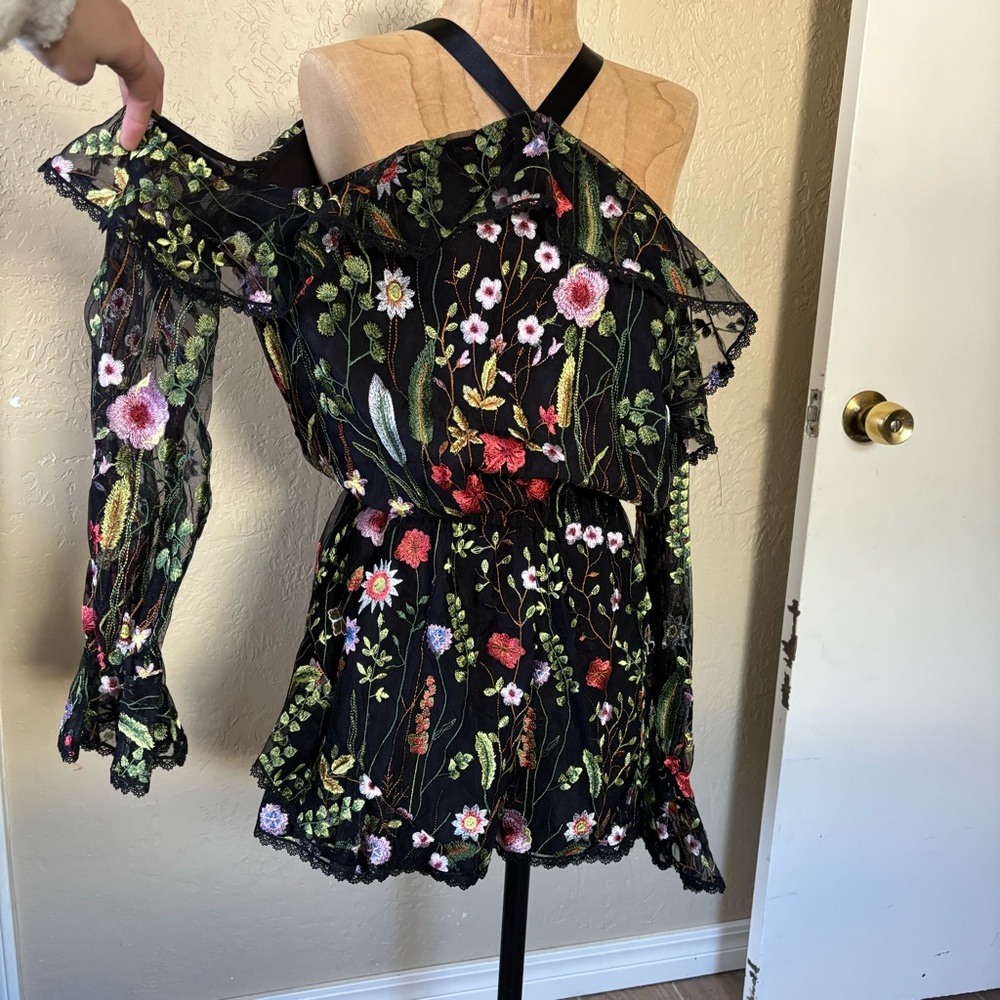 ALEXIS Floral Embroidered Brenna Romper in Black Garden Medium